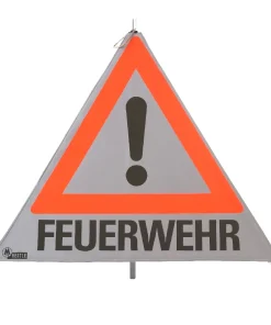 Warnpyramide, Faltsignal, schwer, Beschriftung: Feuerwehr, Zeichen: Ausrufezeichen (VZ101), Seitenlänge 90 cm, retroreflektierend  weiß